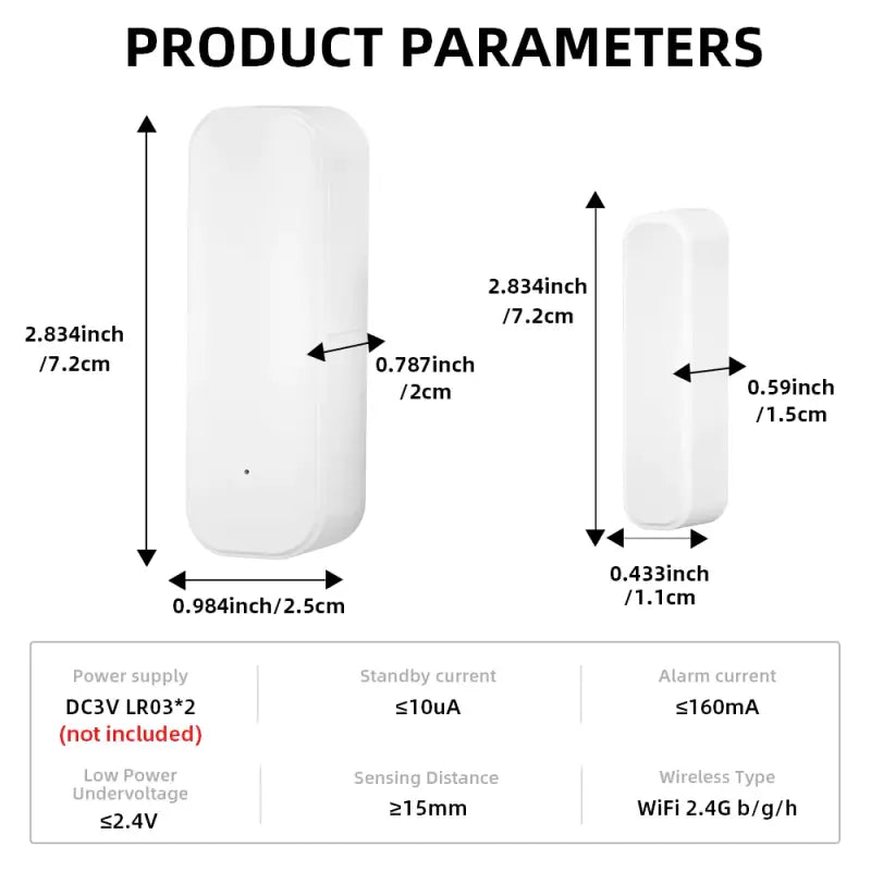 A diagram of the product parameters for the wireless door and window sensor