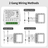 Wiring diagrams for a two-gang Wi-Fi switch module.