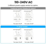 Wiring diagrams for two versions of a thermostat.