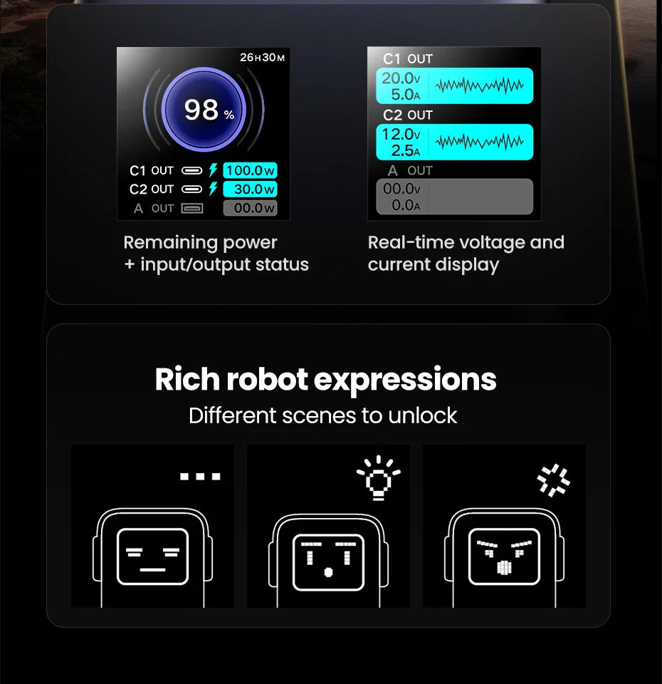 Digital display interface showing power status, voltage readings, and robot expression icons.