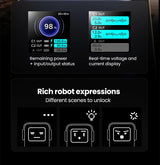 Digital display interface showing power status, voltage readings, and robot expression icons.