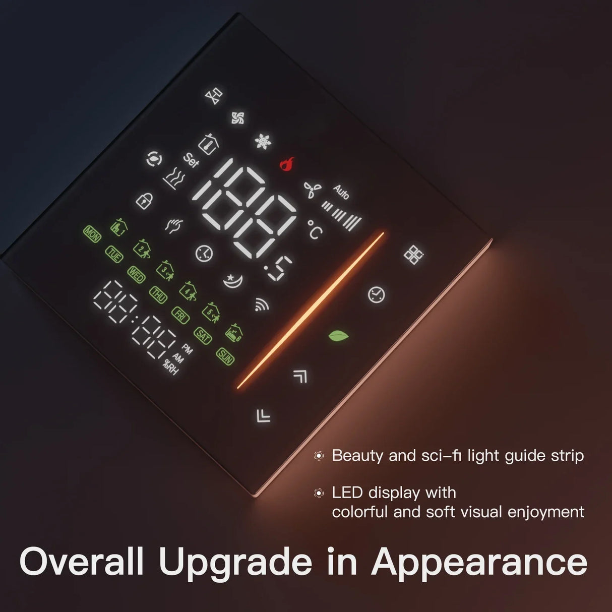 Digital display panel with illuminated icons.