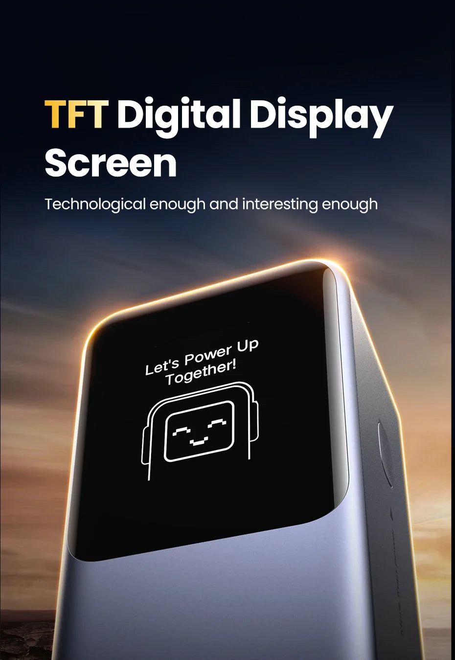 Digital display screen with a simple cartoon face and text on its surface.