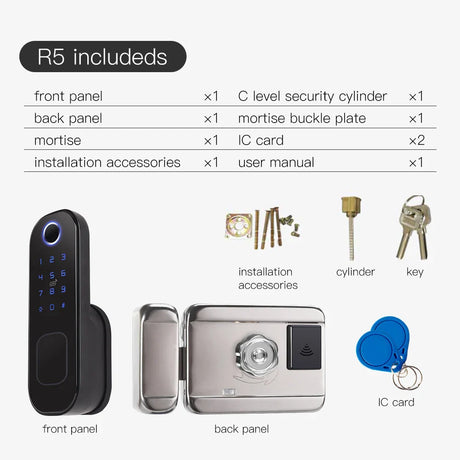 Digital door lock set with accessories.
