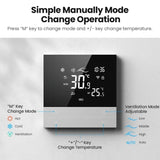 Digital thermostat with mode and temperature controls.