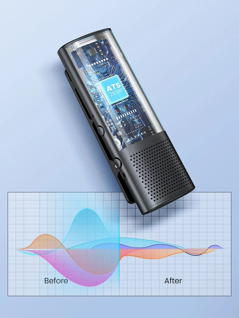 Digital voice recorder with a display showing audio waveforms.