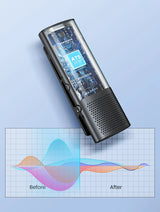 Digital voice recorder with a display showing audio waveforms.