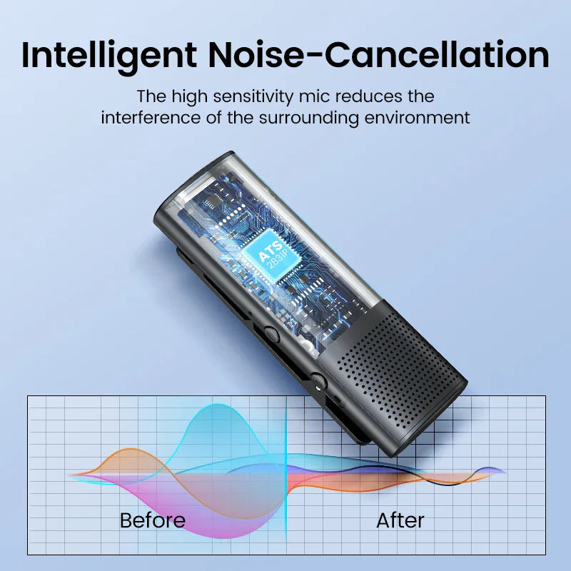 Digital voice recorder with a display showing noise cancellation technology.