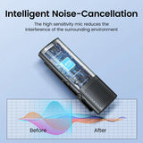 Digital voice recorder with a display showing noise cancellation technology.