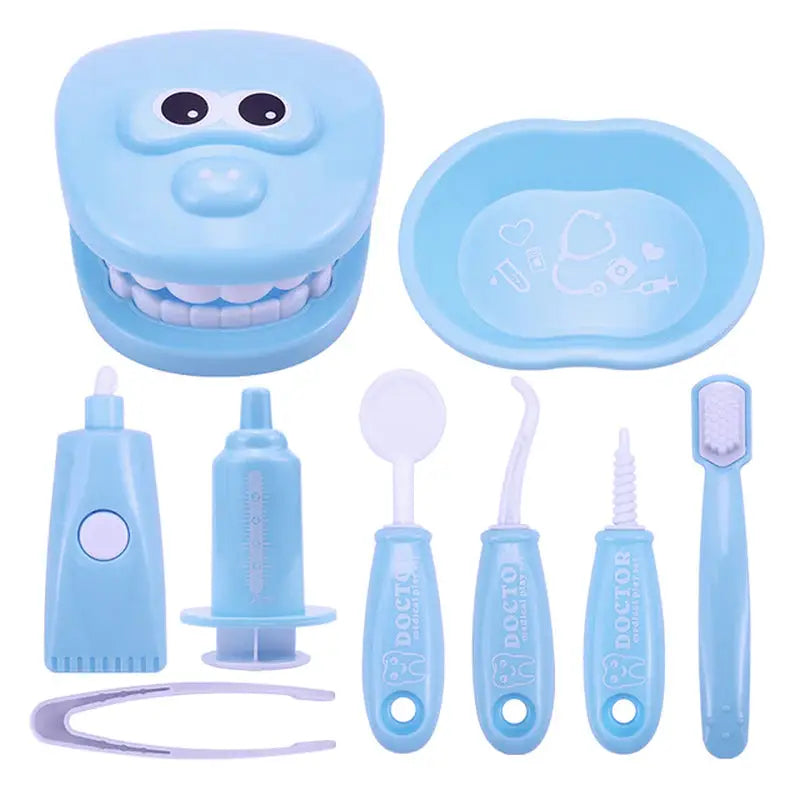 a blue baby teeth set with toothbrushs and toothbrushs