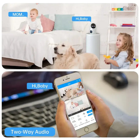 A dog is sitting on a bed and a woman is holding a phone