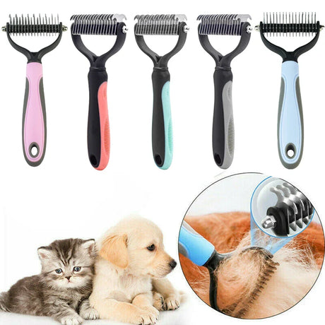 a dog brush and comb with a cat laying next to it