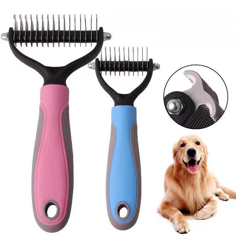 a dog brush and comb with a dog laying next to it