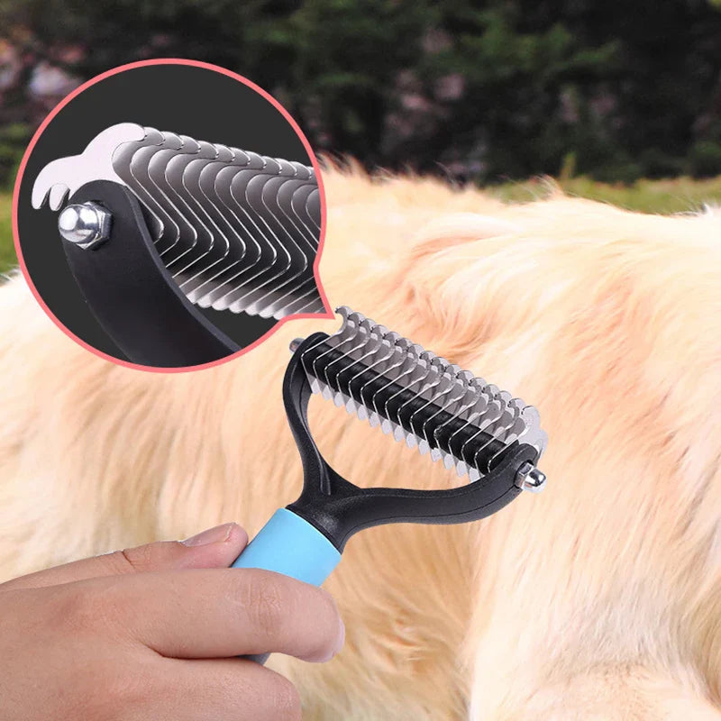 a dog grooming tool with a dog’s hair brush