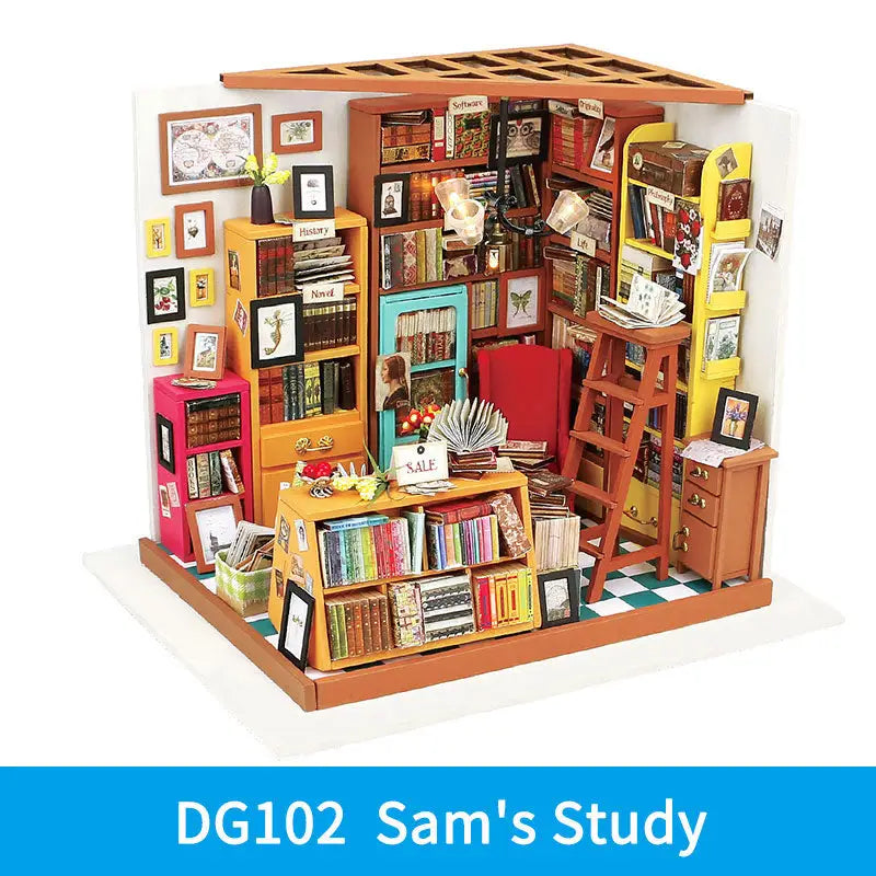 a doll house with books and pictures on it