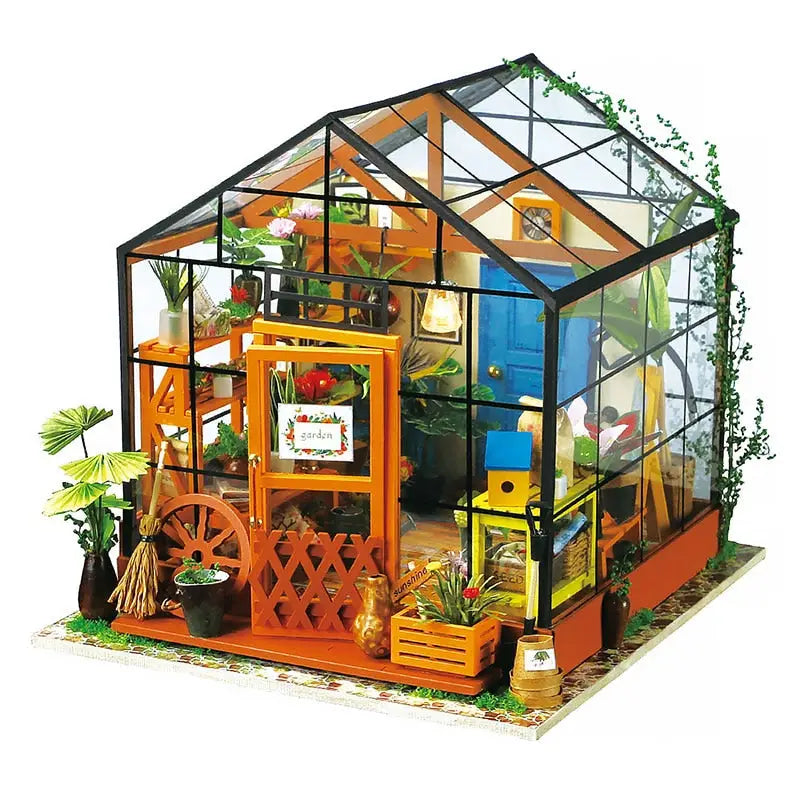 a doll house with a greenhouse inside