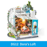 a doll house with a woman sitting in it