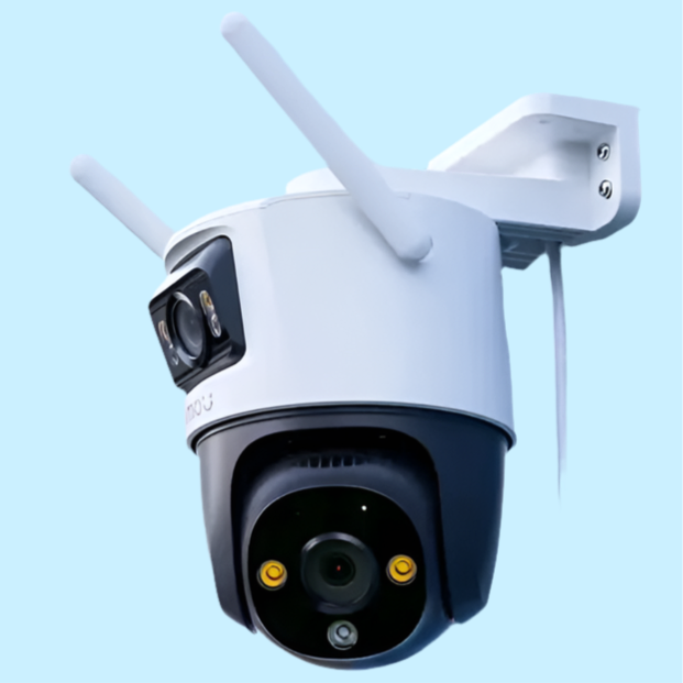 Dome-shaped security camera with multiple antennas and visible lenses.