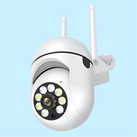 Dome-shaped security camera with multiple LED lights surrounding the lens and two antennas on top.