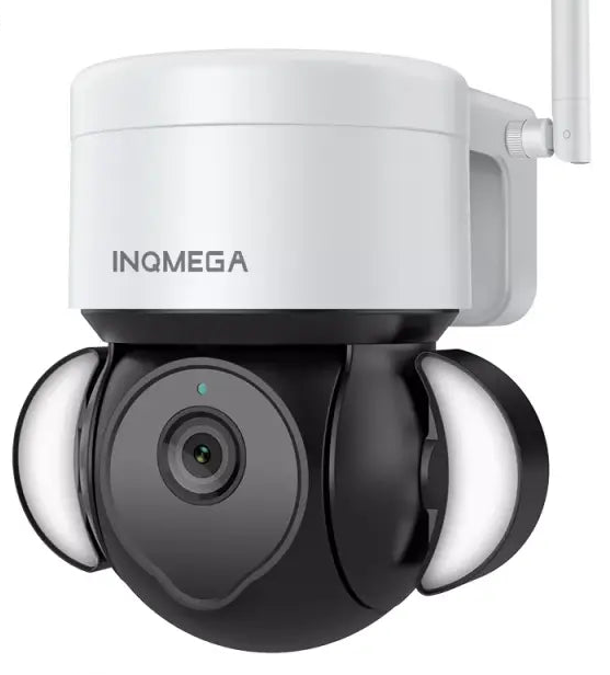 Dome-shaped security camera with a spherical black base and white top labeled ’INQMEGA’.