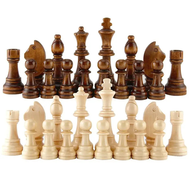 a chess set with pieces of wood and a piece of wood