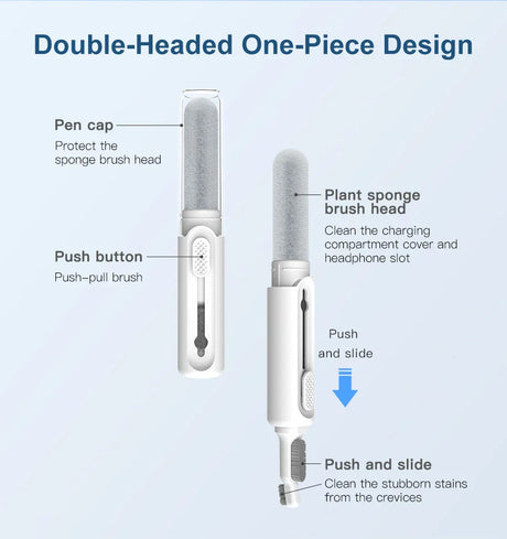 Double-headed one-piece design brush with a pen cap and push-pull mechanism for cleaning.