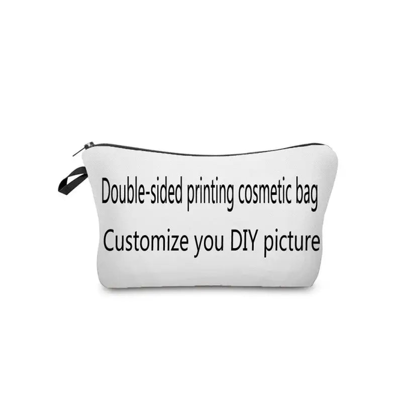 a white zipper bag with a black print that says double sided printing cosmetic bag customize you diy picture