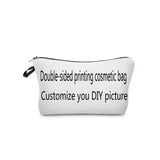 a white zipper bag with a black print that says double sided printing cosmetic bag customize you diy picture