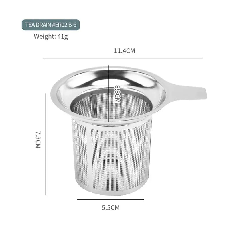 a close up of a stainless steel strainer with measurements