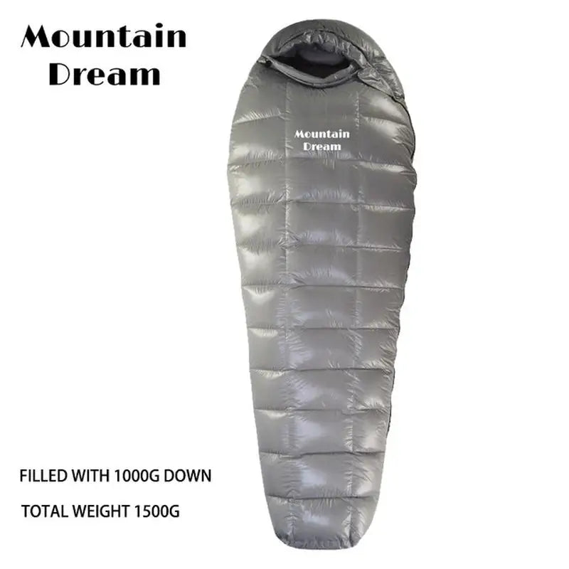 the mountain down sleeping bag with the logo on it