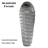 the mountain down sleeping bag is shown with the logo on it