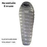 the mountain down sleeping bag is shown with the text mountain down