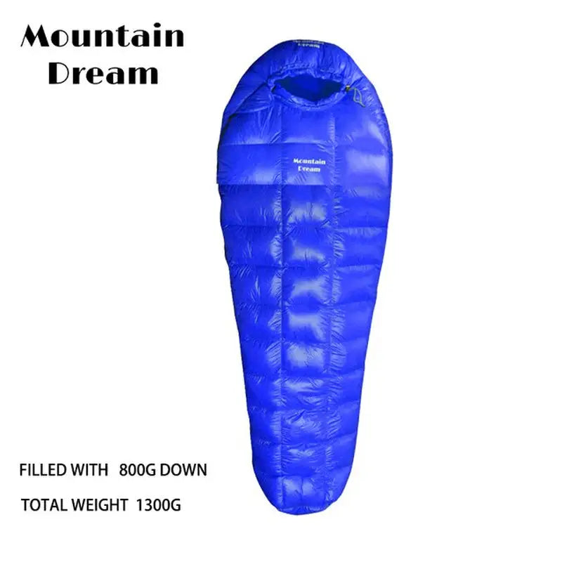 the mountain down sleeping bag is shown in blue