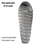 the mountain down sleeping bag is shown in black and silver
