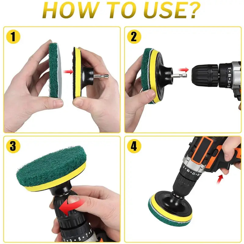 a hand held sander with a green sponge and a yellow sponge
