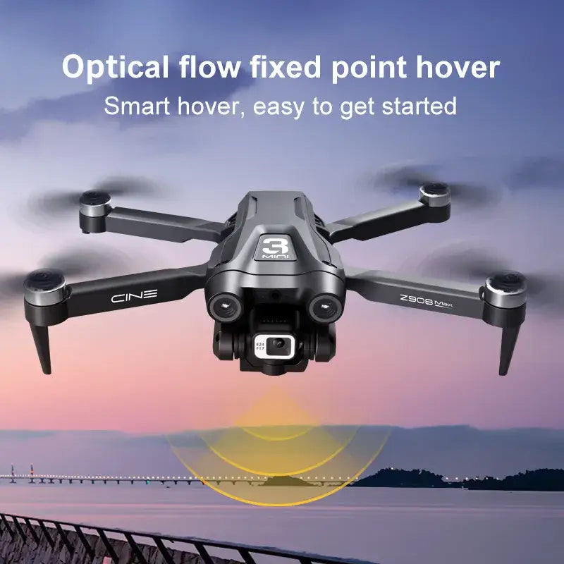 A drone with a camera flying over a bridge