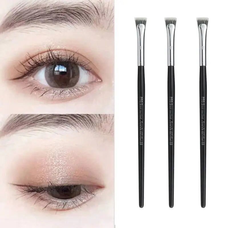 a close up of three different images of a woman’s eyes and a brush