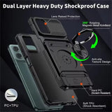 A dual-layer heavy-duty shockproof phone case with lens protection, a 360-degree rotating magnetic metal kickstand, and anti-slip texture design.