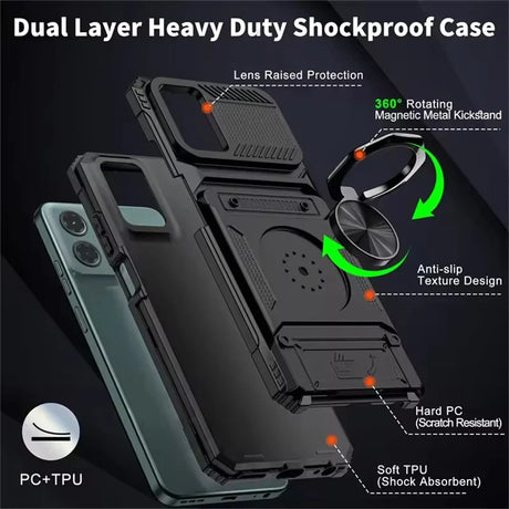 A dual-layer heavy-duty shockproof phone case with lens protection, a 360-degree rotating magnetic metal kickstand, and anti-slip texture design.