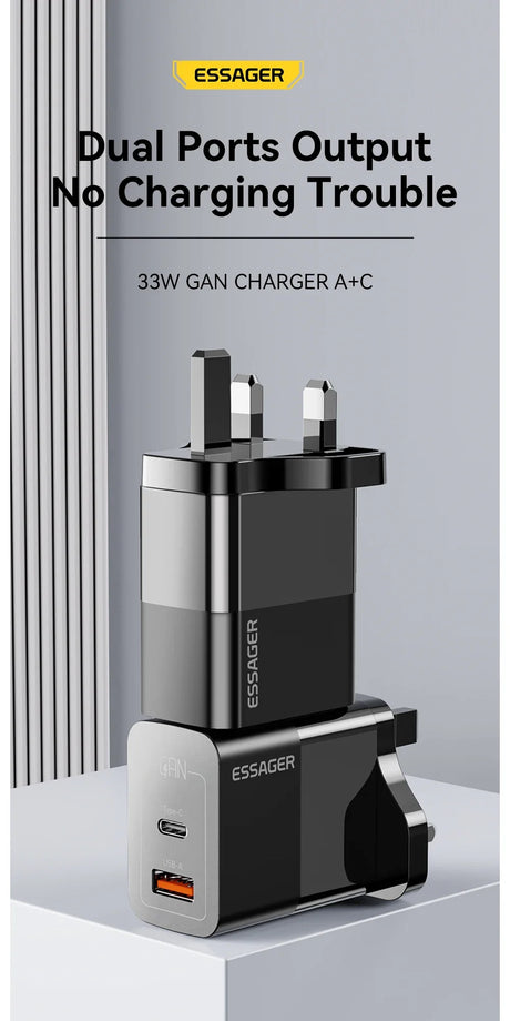 Dual-port 33W GAN charger with folding UK plug prongs and USB-C/USB-A outputs.