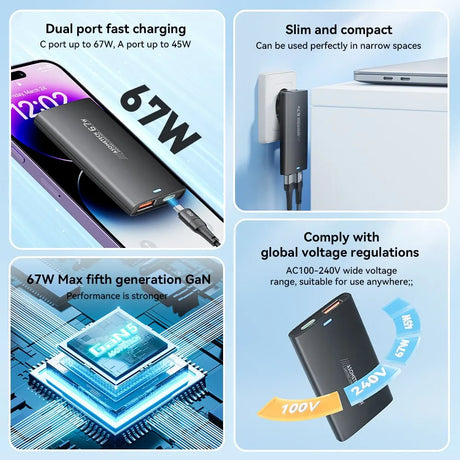 Dual-port fast charging power bank with GaN technology and wide voltage compatibility.