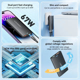 Dual-port fast charging power bank with GaN technology and wide voltage compatibility.