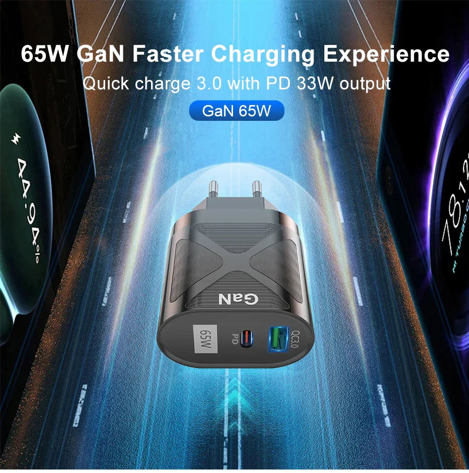 Dual-port GaN charger with 65W fast charging capability.