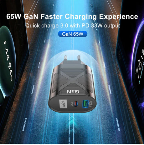 Dual-port GaN charger with 65W fast charging capability.