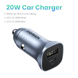 UGREEN 30W USB A / Type-C Fast Charging Car Socket - Power Delivery PD Auto Phone Charger Plug