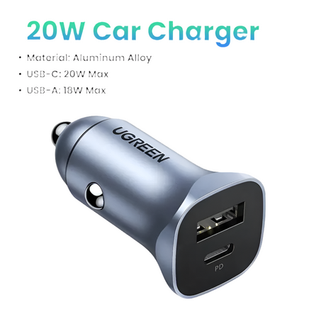 Dual-port USB car charger with aluminum alloy body and 20W maximum output.