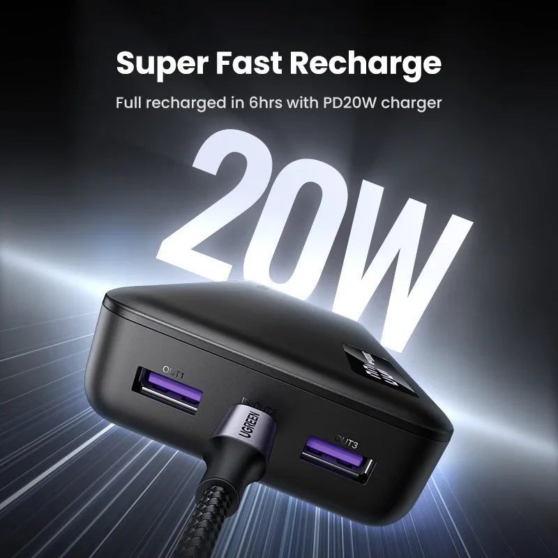 Dual-port USB charger with 20W fast charging capability.