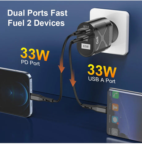 Dual-port USB charger adapter plugged into a wall outlet, with cables connected to two smartphones.