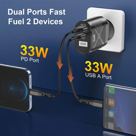 Dual-port USB charger adapter with 33W PD and USB-A ports for fast charging multiple devices simultaneously.