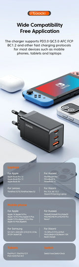 Dual-port USB charger adapter with fast charging capabilities.